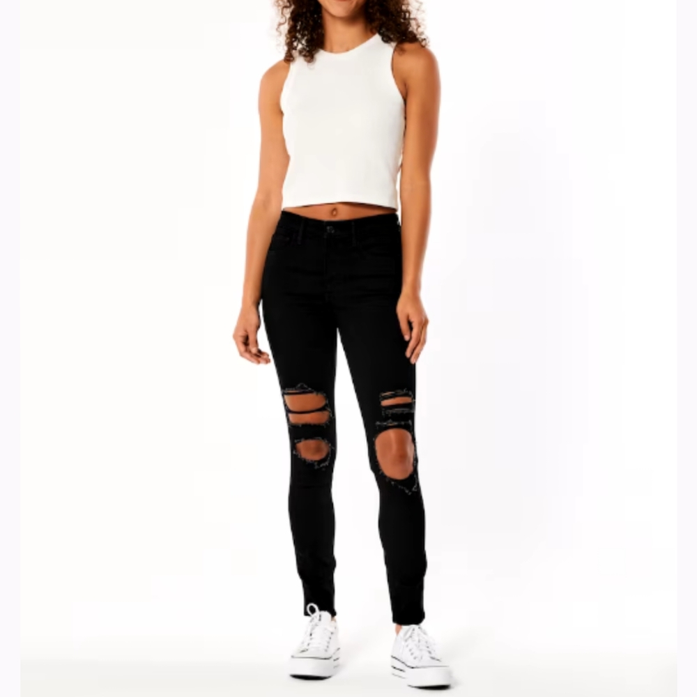 Hollister Black High-Rise Ripped Black Super Skinny Jeans